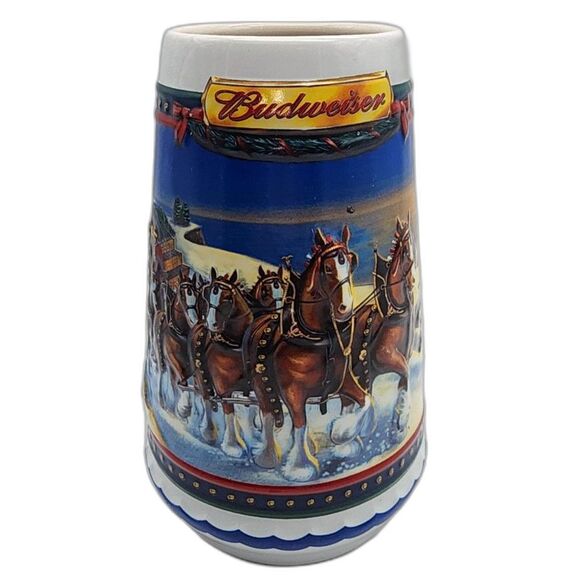 Vintage 2002 Budweiser Clydesdale Horses Christmas Holiday Beer Stein Mug - Picture 2 of 8